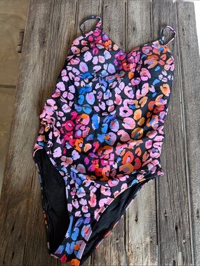 Cupshe Black One-Piece Swimsuit with Pink, Blue & Orange Leopard Print